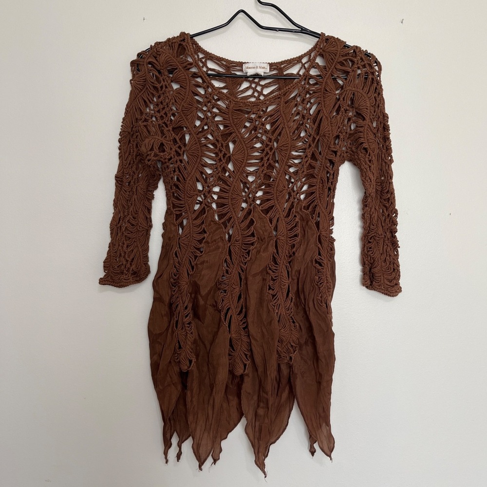 Brown Crocheted Tunic Size S Fairy Grunge Goblin Core Handkerchief Hem
